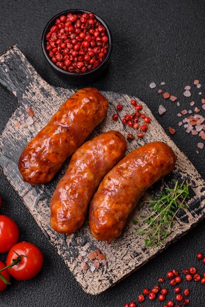 Delicious grilled chicken or pork sausages with salt spices and herbs on a dark concrete background