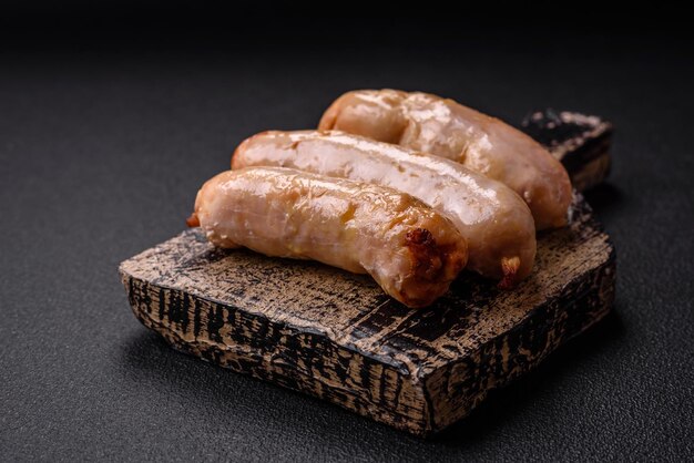 Delicious grilled chicken or pork sausages with salt spices and herbs on a dark concrete background