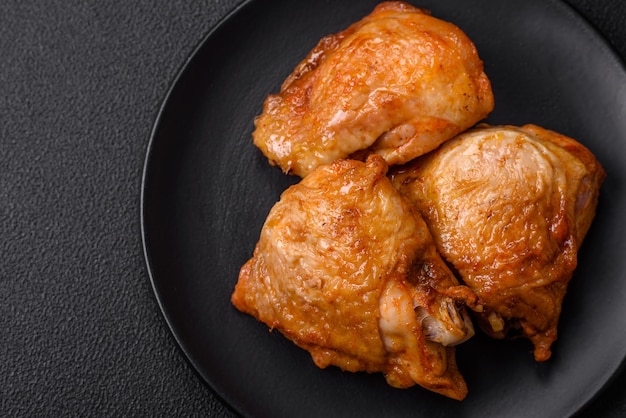 Delicious grilled chicken thighs with salt spices and herbs on a dark concrete background