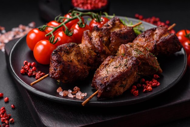 Delicious grilled chicken turkey or pork skewers with salt spices and herbs