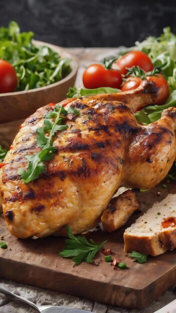 Delicious grilled chicken on wooden board next to healthy bread tomatoes and salad