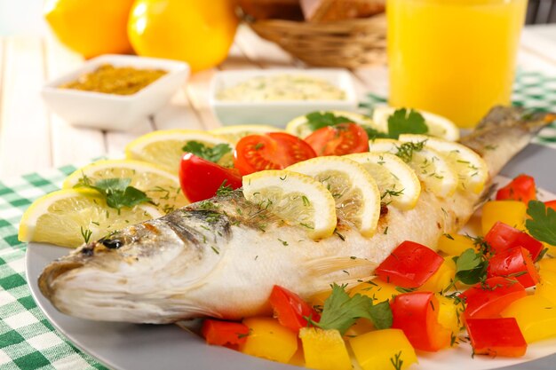 Delicious grilled fish on plate on table closeup