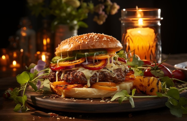 Delicious Grilled Hamburger on Dark Background