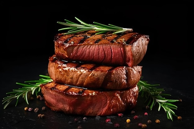 Delicious grilled juicy steak isolated on black background