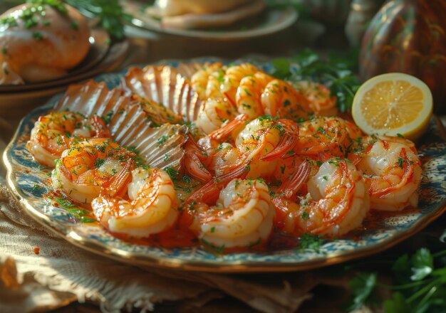 Delicious grilled jumbo shrimps served with lemon on plate