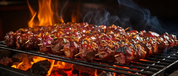 Delicious grilled meat skewers with flames and sparkles on the barbecue rack
