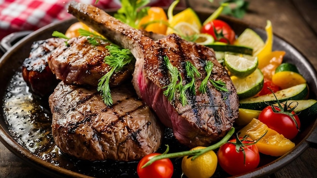 Delicious grilled meat and steak with fresh vegetable