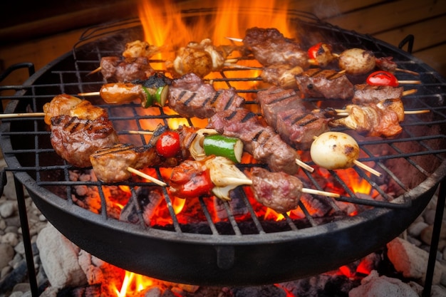 Delicious grilled meat with vegetables sizzling over the coals on barbecue