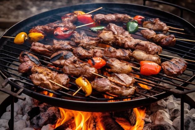 Delicious grilled meat with vegetables sizzling over the coals on barbecue