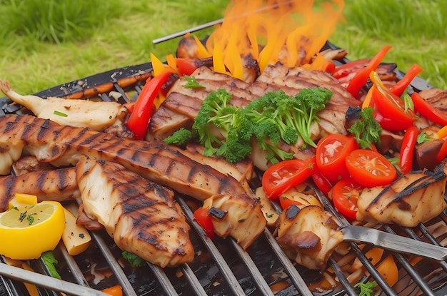 Delicious grilled meat with vegetables sizzling over the coals on a barbecue