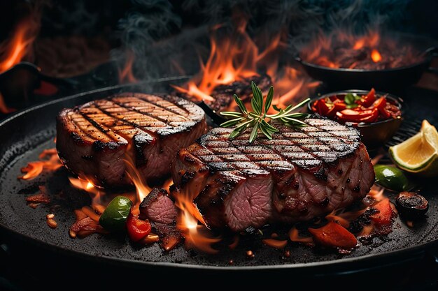 delicious grilled pork or beef steaks are falling down