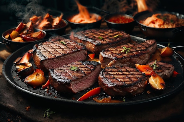 Photo delicious grilled pork or beef steaks are falling down