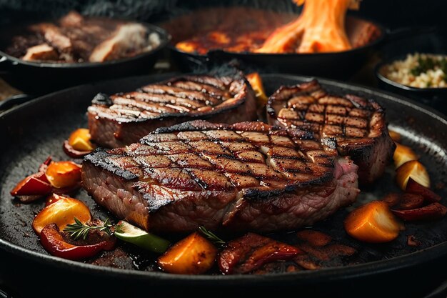 Photo delicious grilled pork or beef steaks are falling down