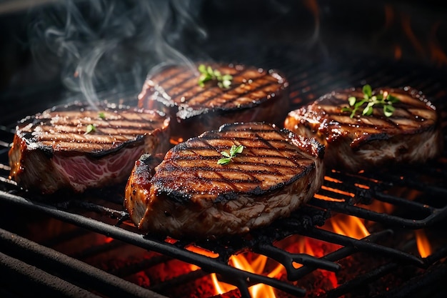 Photo delicious grilled pork or beef steaks are falling down