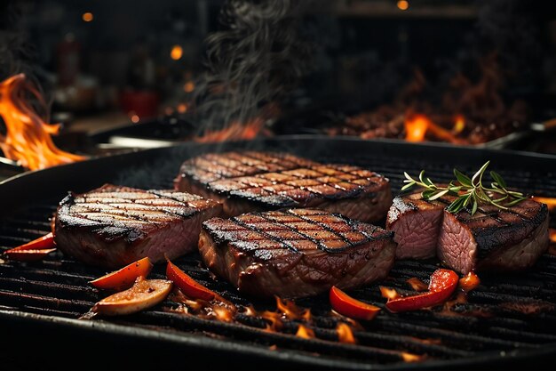 delicious grilled pork or beef steaks are falling down