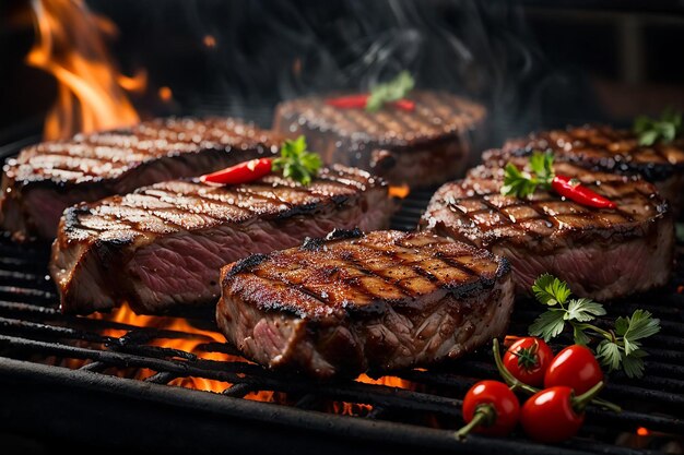 Photo delicious grilled pork or beef steaks are falling down