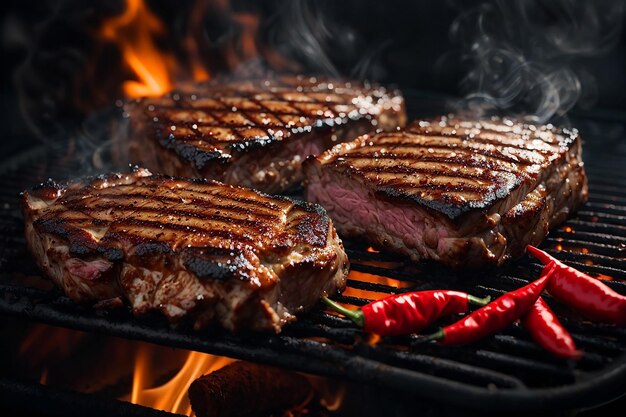 delicious grilled pork or beef steaks are falling down