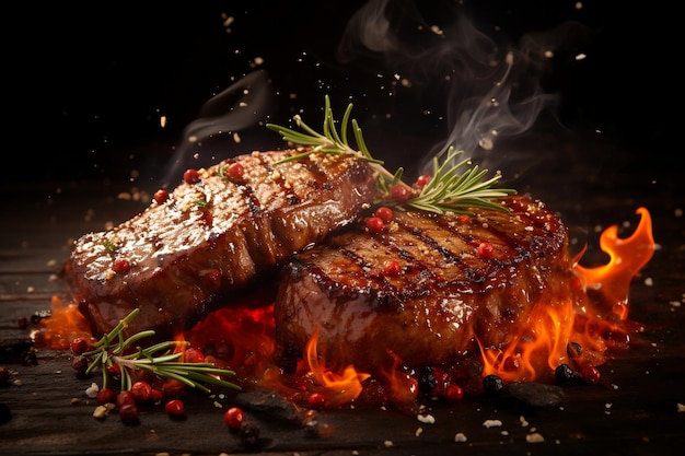 Delicious grilled pork or beef steaks are falling down