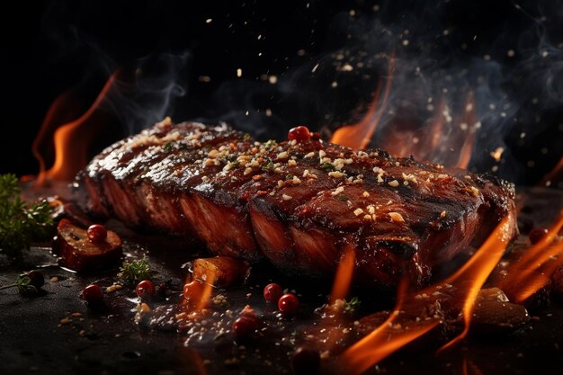 Delicious grilled pork or beef steaks are falling down