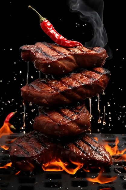 Delicious grilled pork or beef steaks are falling down