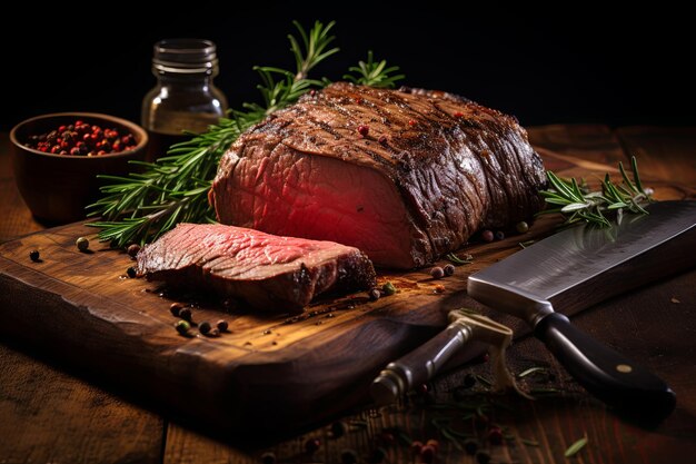 写真 美味しいグリルで焼いた豚肉の牛肉ステーキと バーベキューで焼いた牛肉の肋骨と チリと野菜を暗い背景に