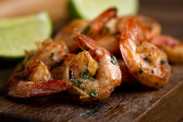 Delicious grilled prawns on wooden background