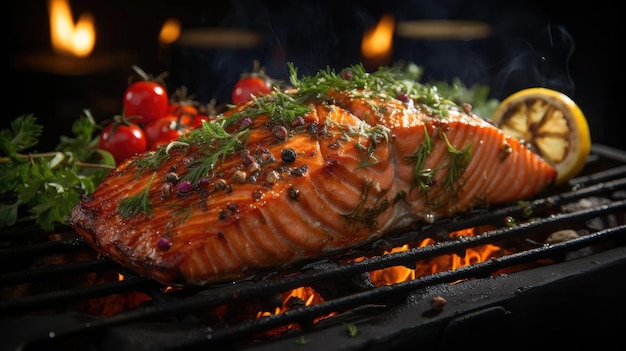 Foto delizioso salmone alla griglia con topping vegetale nero e sfocato sullo sfondo