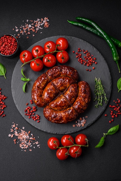 Delicious grilled sausage in the form of a ring with salt spices and herbs