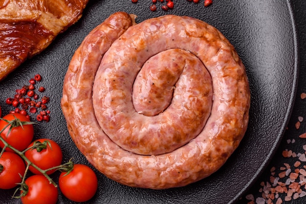 Delicious grilled sausage in the form of a ring with salt spices and herbs
