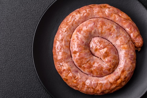 Delicious grilled sausage in the form of a ring with salt spices and herbs