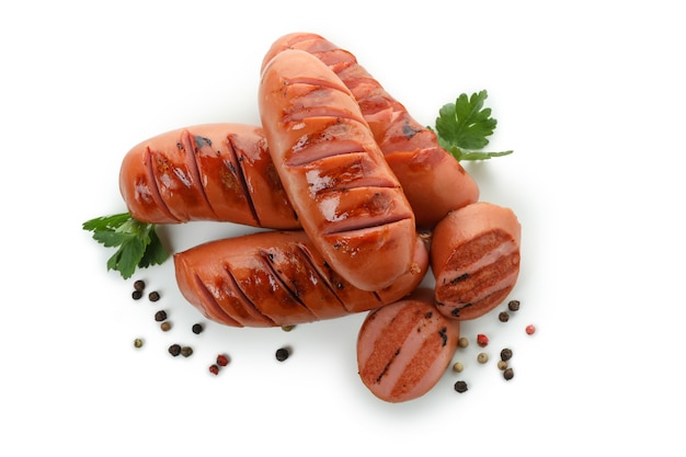 Delicious grilled sausage isolated on white surface