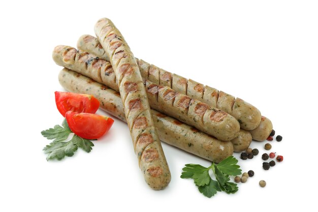 Delicious grilled sausage isolated on white surface