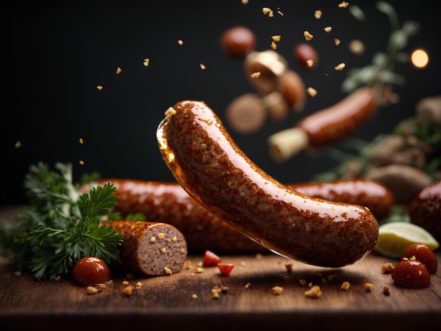 Фото Вкусная колбаса на гриле, универсальная ароматная еда, кинематографическая рекламная фотография wurst