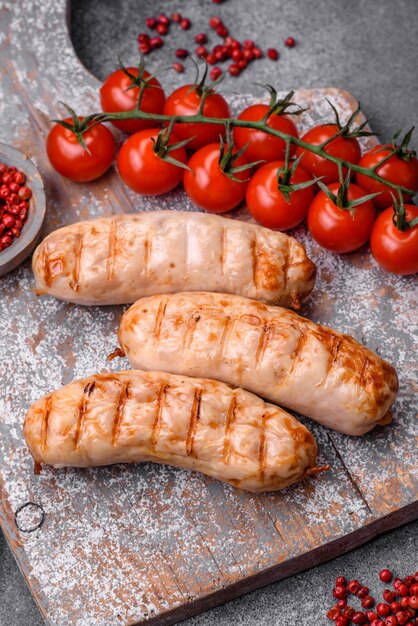 Delicious grilled sausages from chicken or pork meat with salt spices and herbs