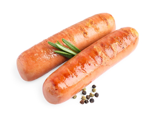 Delicious grilled sausages on white background Barbecue food