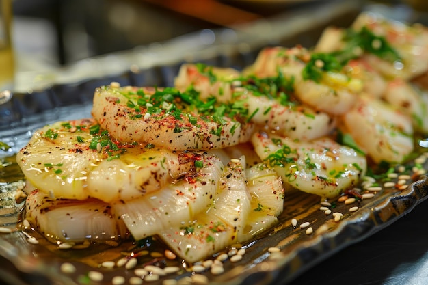 Delicious Grilled Scallop Plate with Herbs and Spices Close Up Gourmet Seafood Dining Concept