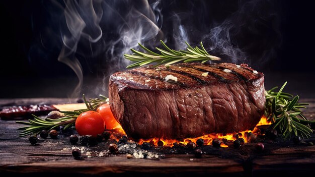 Delicious grilled sliced Beef Steak with sauce tomatoes and rosemary AI generated image