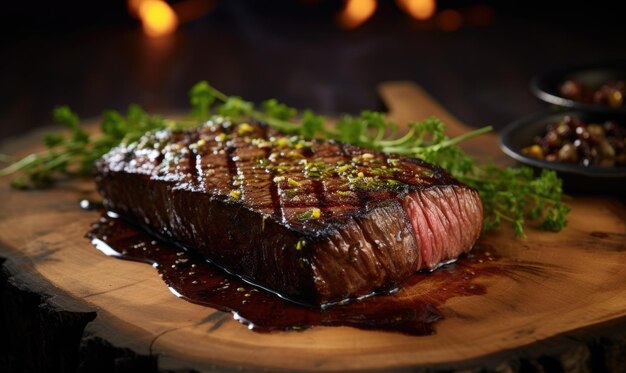 A Delicious Grilled Steak on a Rustic Wooden Cutting Board