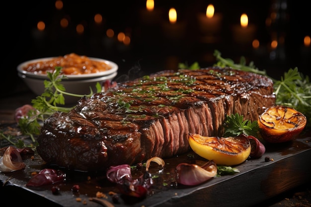 Delicious grilled steak on rustic wooden plate ready to eat generated by AI