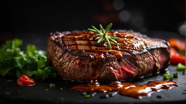 Photo delicious grilled steak with melted barbeque sauce on blurry background food and cuisine concept