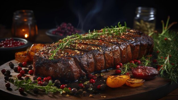 Delicious Grilled steak with melted barbeque sauce on the table