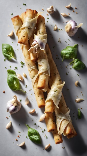 Delicious grissini bread sticks on light background