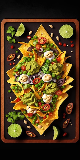 Delicious guacamole and nachos seen from above