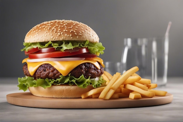 Delicious hamburger and French fries isolated on a wooden board