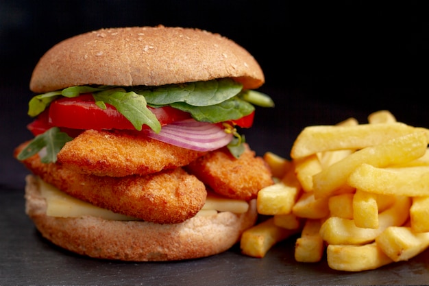 Delicious hamburger and fries