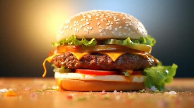 A delicious hamburger on a rustic wooden table