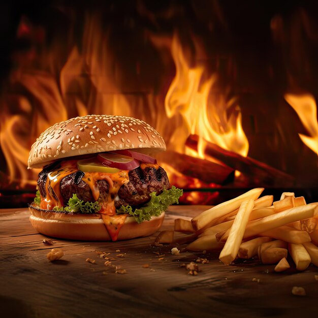 写真 木製の板で提供される美味しいハンバーガーこのチーズバーガーはファストフードの広告スタイルで撮影されたジェネレーティブaiイラスト