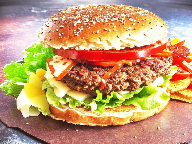 Photo delicious hamburger with beef and fresh vegetables on a black background with meat generated by ai