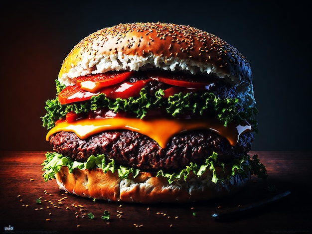 Delicious hamburger with beef and fresh vegetables on a black background with meat generated by AI