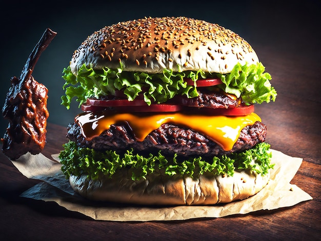 Вкусный гамбургер с говядиной и свежими овощами на черном фоне с мясом, сгенерированным ИИ